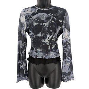 Skull Print Mesh Top Goth Fairy Grunge Y2K Bell Sleeve Emo Punk Festival Size S